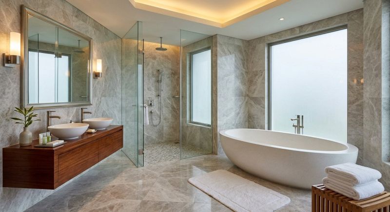Crew performing bathroom remodeling residential project